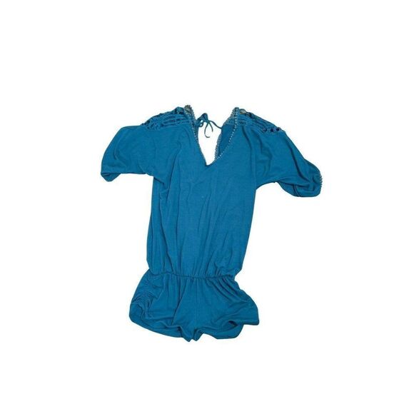 l space womens solid blue lace V Neck Short Sleeve Mini jumpsuit romper xs - Picture 1 of 4